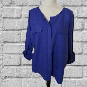 Talbots Long Tab Sleeve Royal Blue Tunic V Neckline Top in Size XL